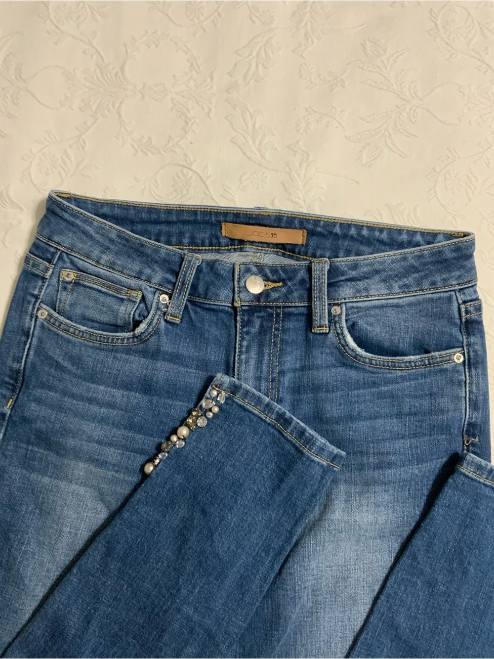 Joe's Jeans Medium Wash Skinny Ankle Jeans with Pearl & Rhinestone Trim, size 27